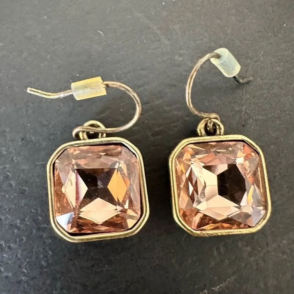 Cti Square Faceted Pink Crystal Pierced Hook Drop Dangle Earrings Gold-tone OS